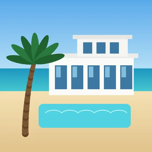 Before: a white beach villa with a pool and a palm tree