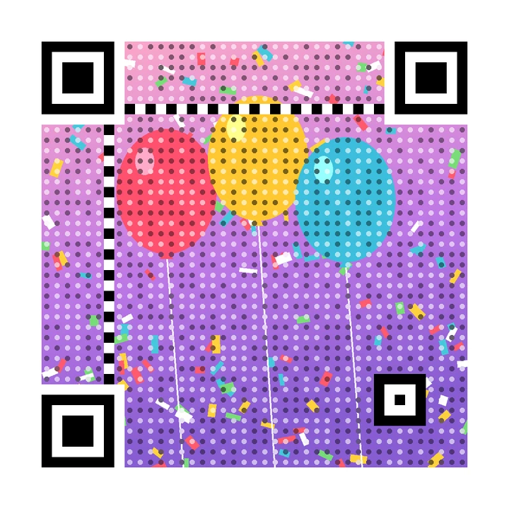 After: artistic QR code made from three balloons and confetti on a pink and purple background, linking to https://example.com/birthday