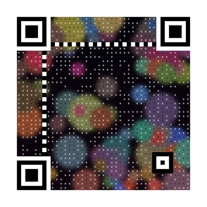 After: artistic QR code made from colourful blurred party lights, linking to https://example.com/party
