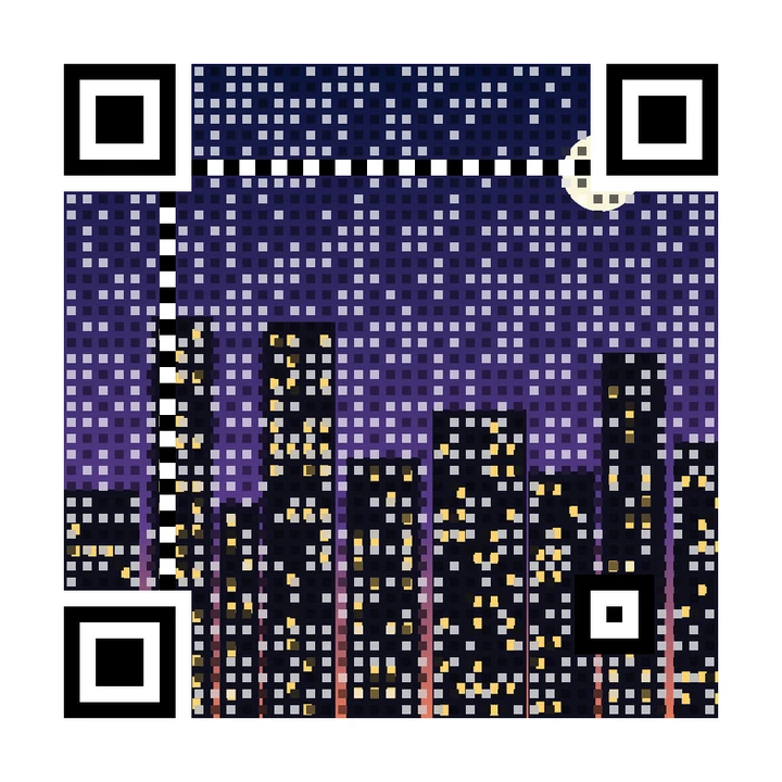 After: artistic QR code made from a city skyline at dusk with lit windows, linking to https://example.com/apartments