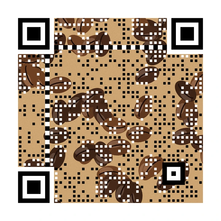 After: artistic QR code made from roasted coffee beans scattered on kraft paper, linking to https://example.com/roast
