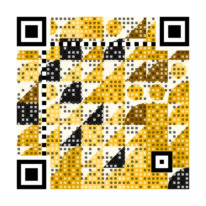 After: artistic QR code made from a pattern of yellow and black geometric shapes, linking to https://example.com/studio