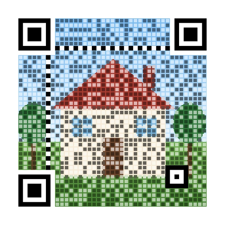 After: artistic QR code made from a drawing of a house with a red roof and garden, linking to https://example.com/listing