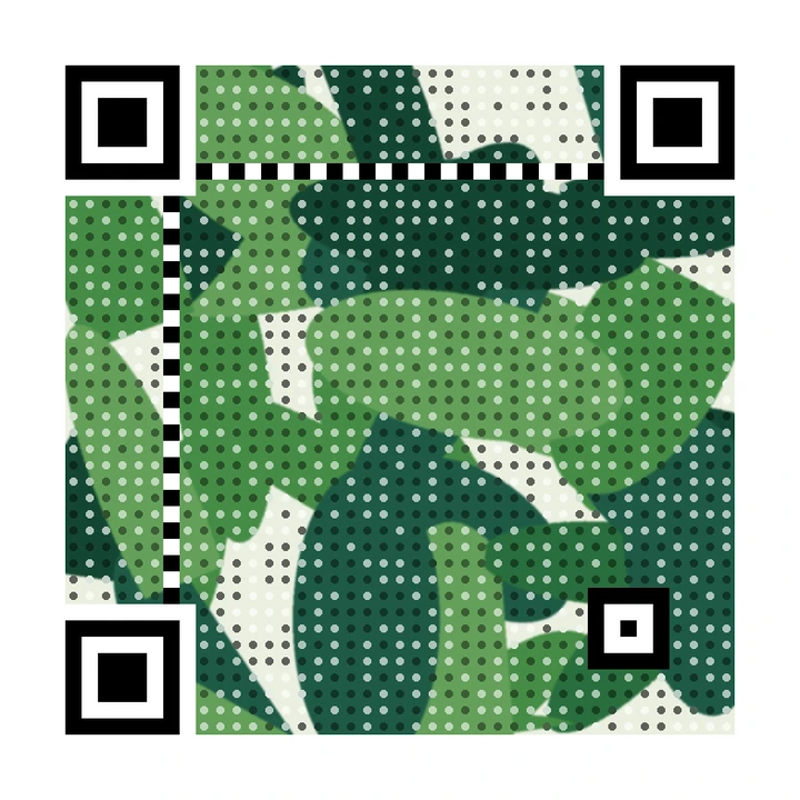 After: artistic QR code made from overlapping green leaves, linking to https://example.com/product