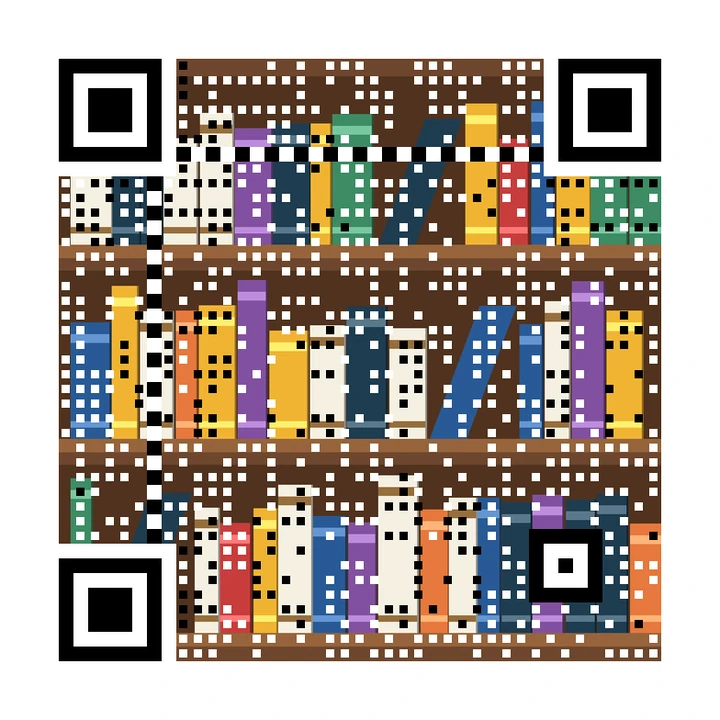 After: artistic QR code made from colourful book spines on wooden shelves, linking to https://example.com/library