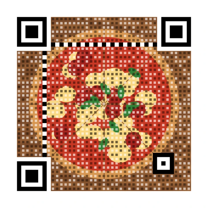 After: artistic QR code made from a drawing of a pepperoni pizza with basil on a wooden table, linking to https://example.com/order