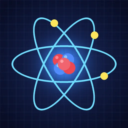 Before: a glowing atom with three orbits on a blueprint grid