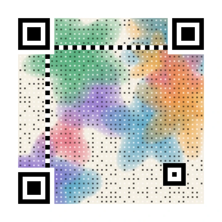 After: artistic QR code made from soft pastel watercolour blobs on cream paper, linking to https://example.com/portfolio